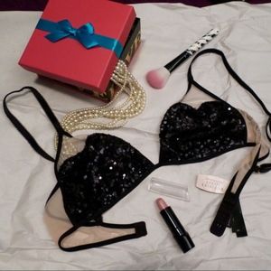 NWT VS Sequin Mesh Black Cream Bralette Small